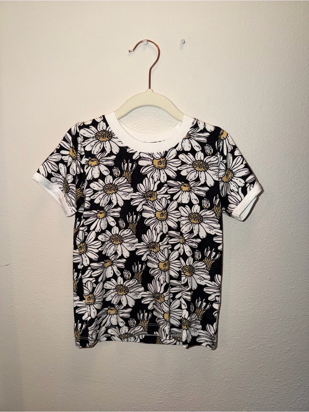 Kids Black Floral Daisy Print T‑Shirt with White Trim